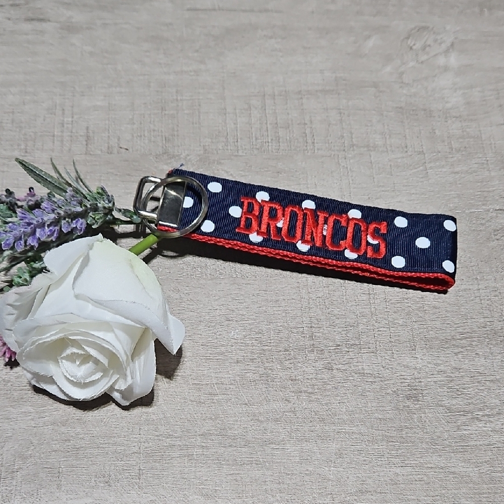 Broncos 🎁 Blue, White Polka Dot & Red Embroidered Strap Keychain Bag Charm